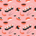 Cute seamless pattern with sushi, rolls and shrimps on a pink background.